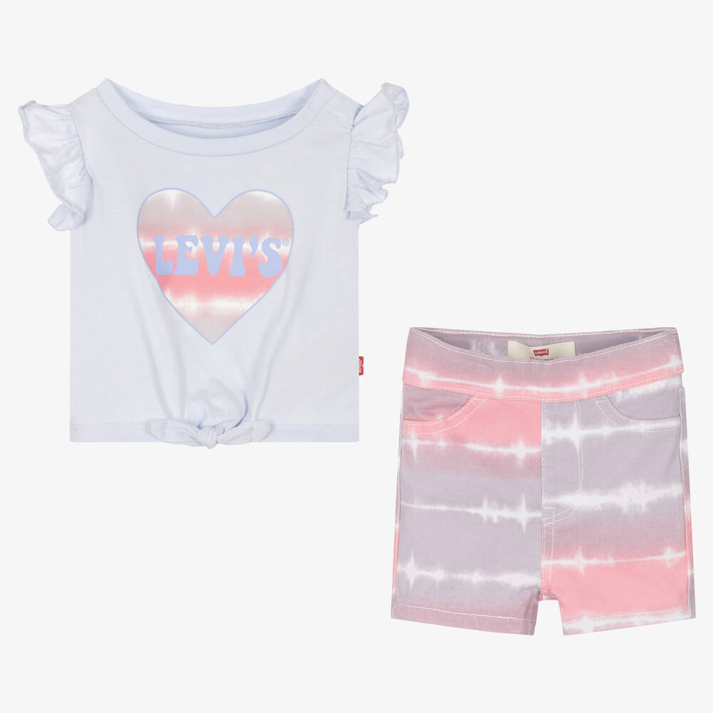 Levi's-Girls Blue & Pink Cotton Shorts Set | Childrensalon Outlet