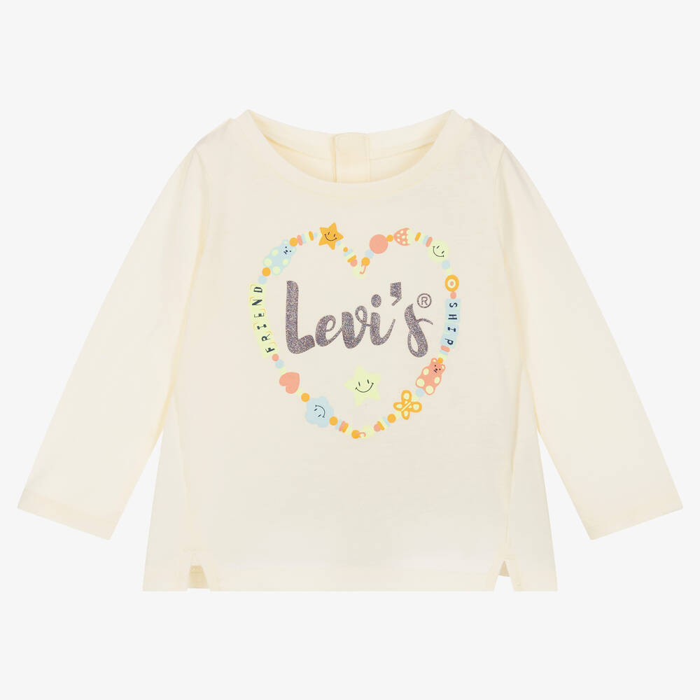Levi's - توب بطبعة قلوب قطن لون عاجي أطفال بناتي | Childrensalon