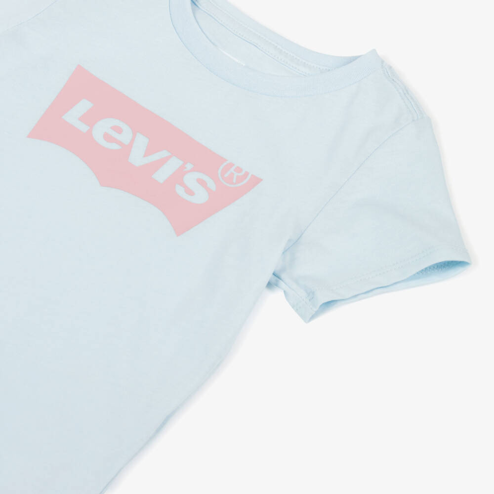 Levi's-Girls Light Blue Cotton T-Shirt with Pink Batwing Logo | Childrensalon Outlet