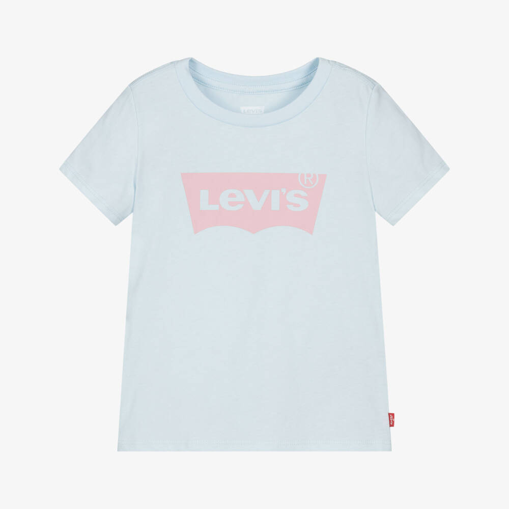 Levi's-Girls Light Blue Cotton T-Shirt with Pink Batwing Logo | Childrensalon Outlet