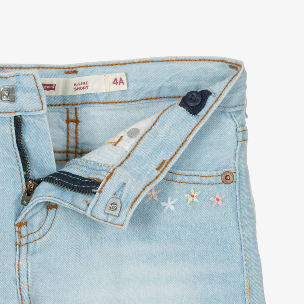 Levi's-Girls Light Blue Denim A Line Shorts with Embroidery | Childrensalon Outlet
