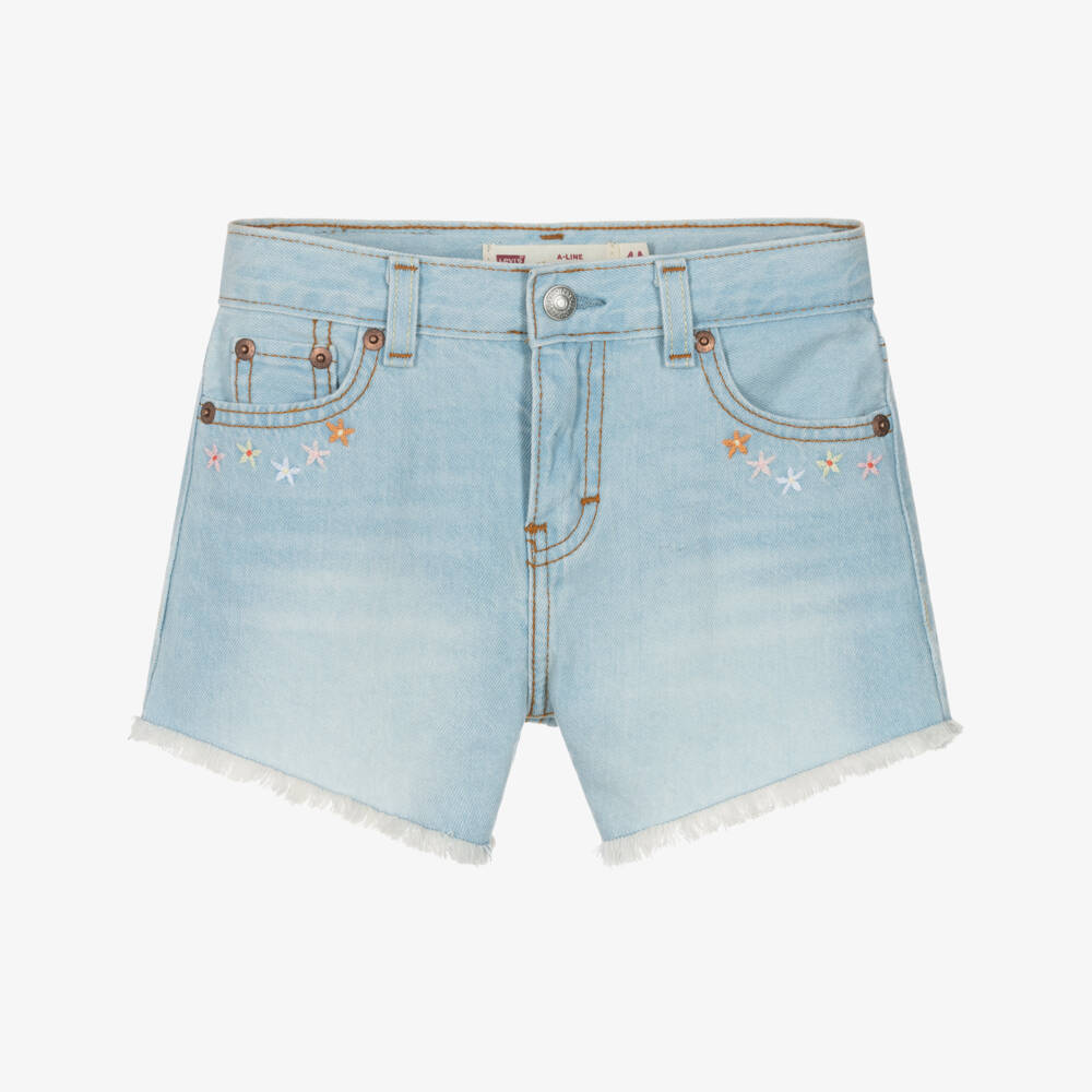 Levi's-Girls Light Blue Denim A Line Shorts with Embroidery | Childrensalon Outlet