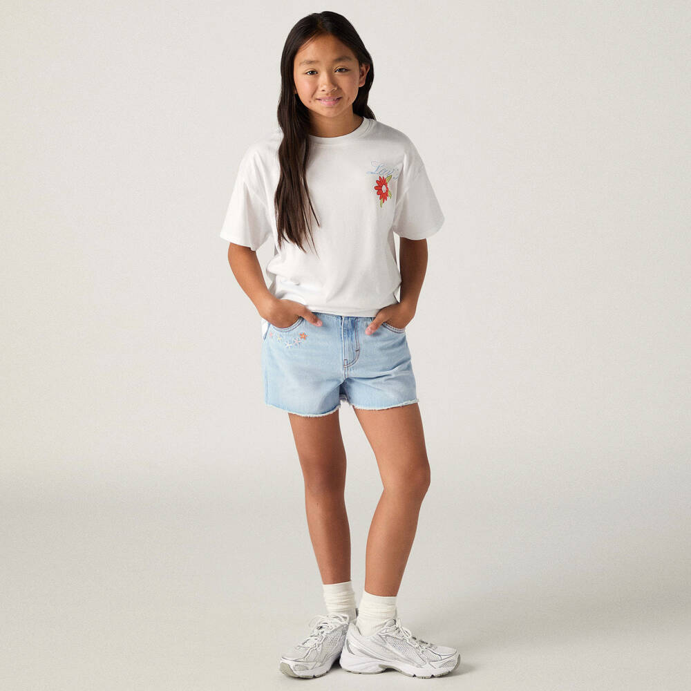 Levi's-Girls Light Blue Denim A Line Shorts with Embroidery | Childrensalon Outlet