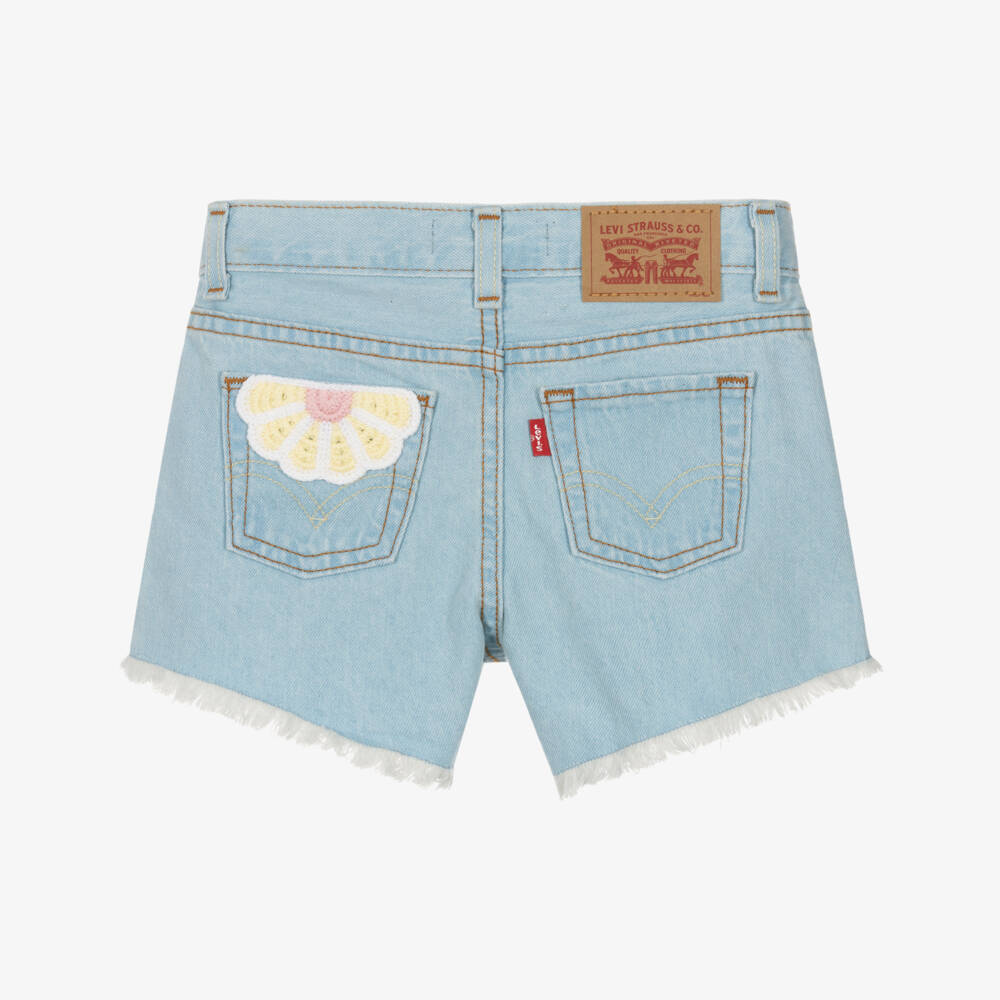 Levi's-Girls Light Blue Denim A Line Shorts with Embroidery | Childrensalon Outlet