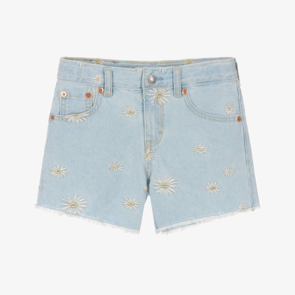 Levi's-Girls Light Blue Embroidered Daisy Shorts | Childrensalon Outlet
