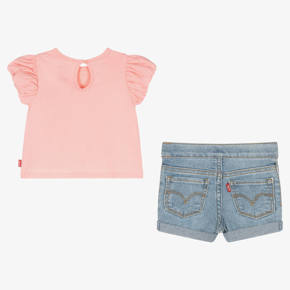 Levi's-Girls Pink & Blue & Logo Shorts Set | Childrensalon Outlet