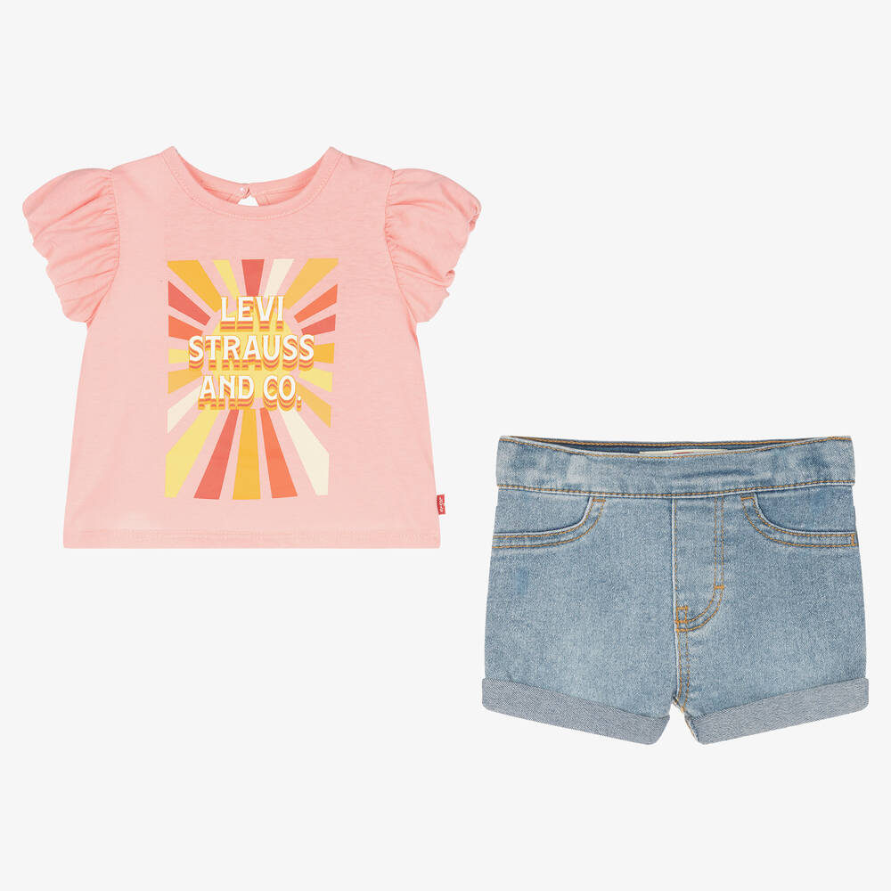 Levi's-Girls Pink & Blue & Logo Shorts Set | Childrensalon Outlet