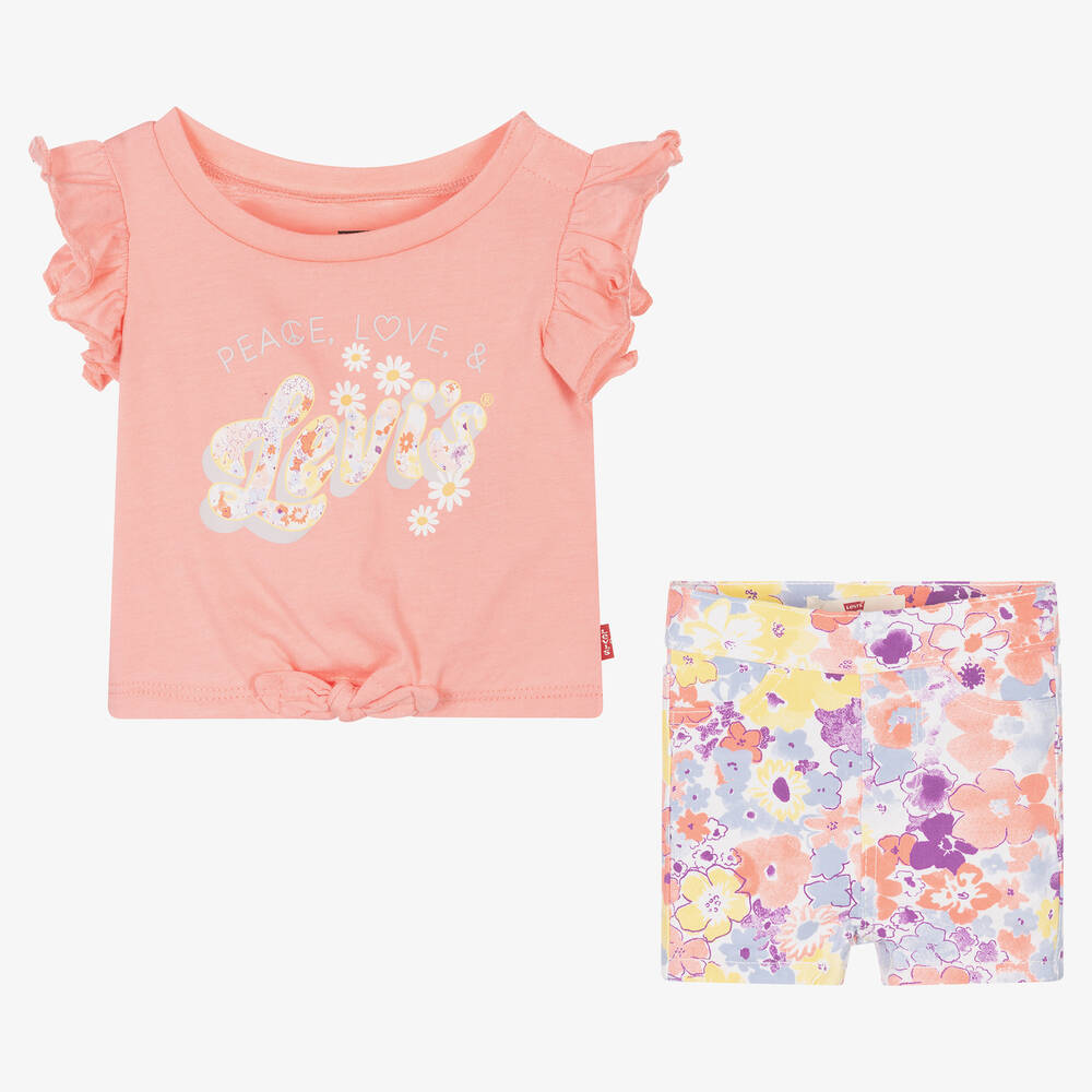 Levi's-Girls Pink Floral Cotton Shorts Set | Childrensalon Outlet
