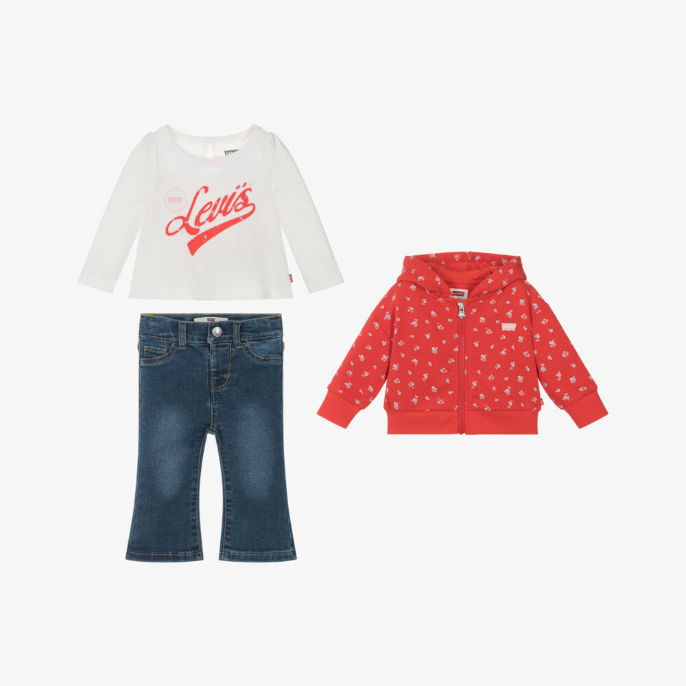 Levi's-Girls Red Floral & Blue Denim Jeans Set | Childrensalon Outlet
