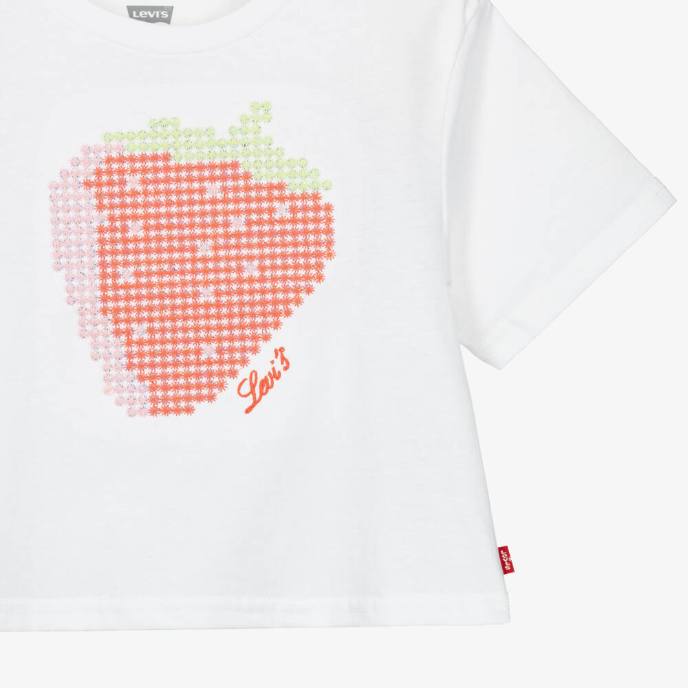 Levi's-Girls White Cotton T-Shirt with Embroidered Strawberry | Childrensalon Outlet