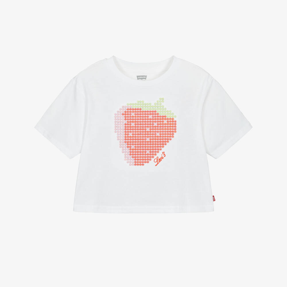 Levi's-Girls White Cotton T-Shirt with Embroidered Strawberry | Childrensalon Outlet