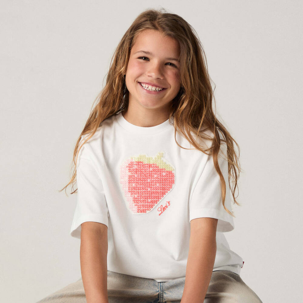 Levi's-Girls White Cotton T-Shirt with Embroidered Strawberry | Childrensalon Outlet