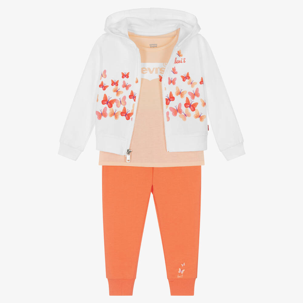 Girls White Orange Cotton Trouser Set