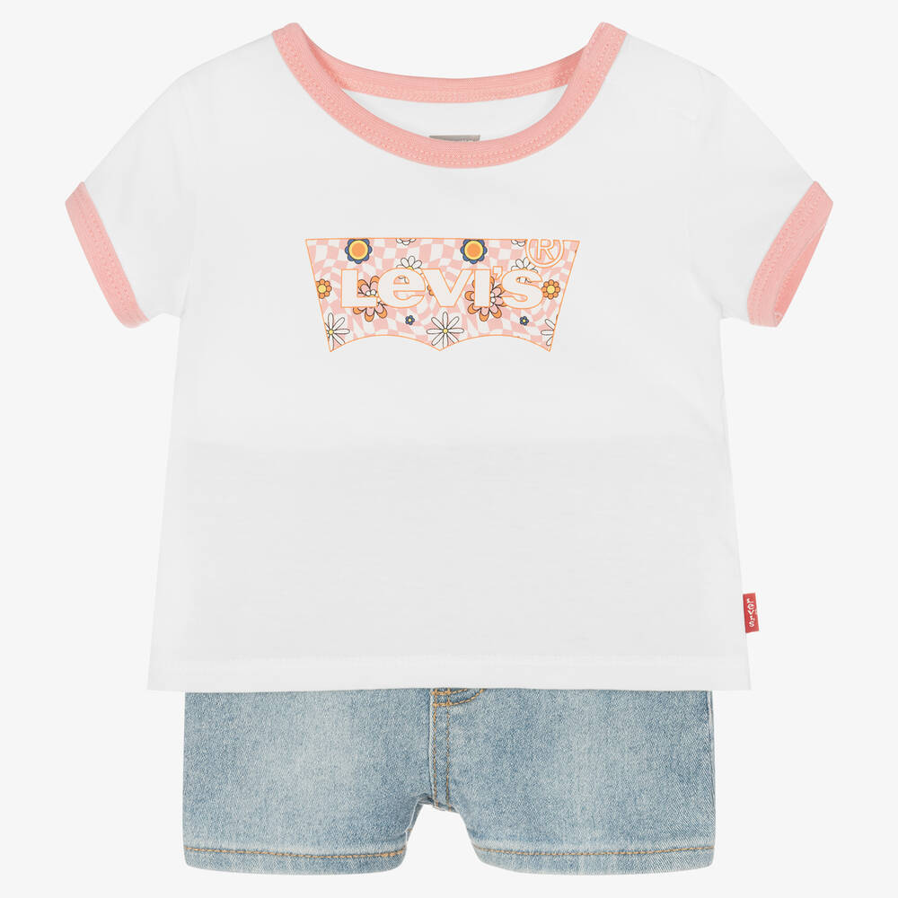 Levi's - Girls White Top & Blue Logo Shorts Set | Childrensalon