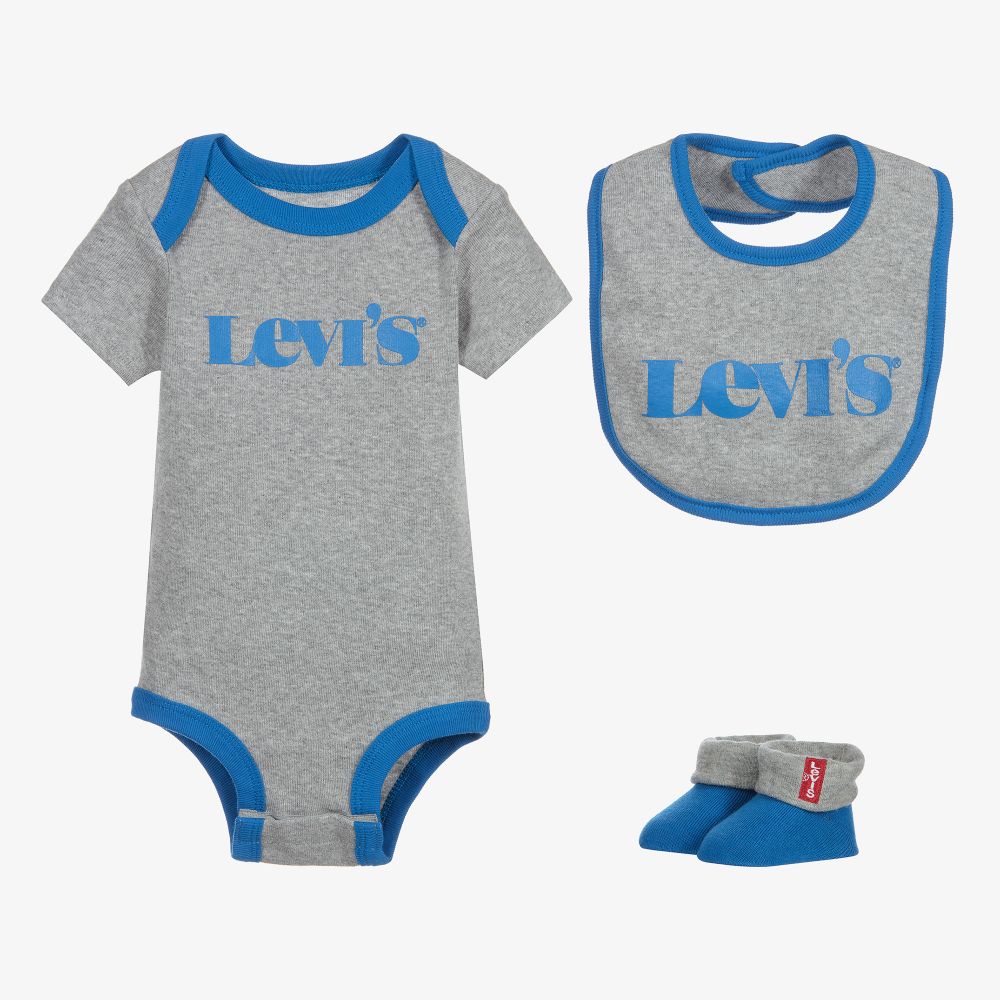 Levi's - طقم بدلة أوفرول قطن جيرسي لون رمادي وأزرق- 3 قطع | Childrensalon