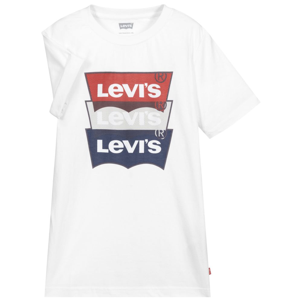 White levi shirt with red logo store