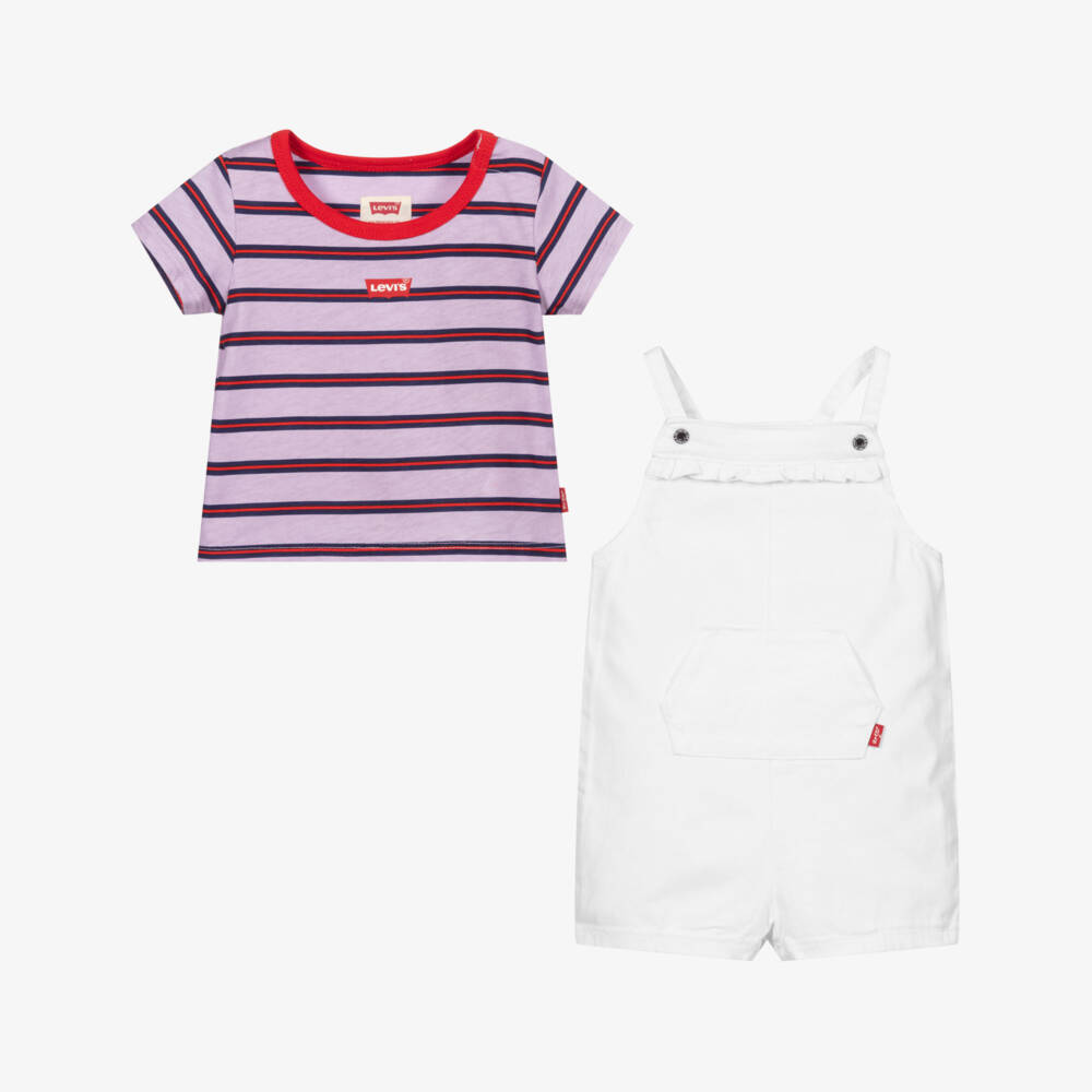 Levi's-طقم دانغريز قطن لون أبيض وأرجواني للبنات | Childrensalon Outlet