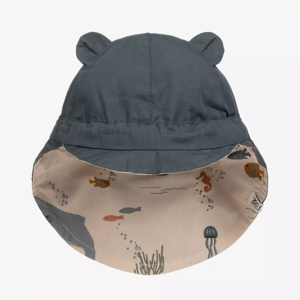 Liewood-قبعة للشمس بوجهين قطن عضوي لون بيج وأزرق | Childrensalon Outlet