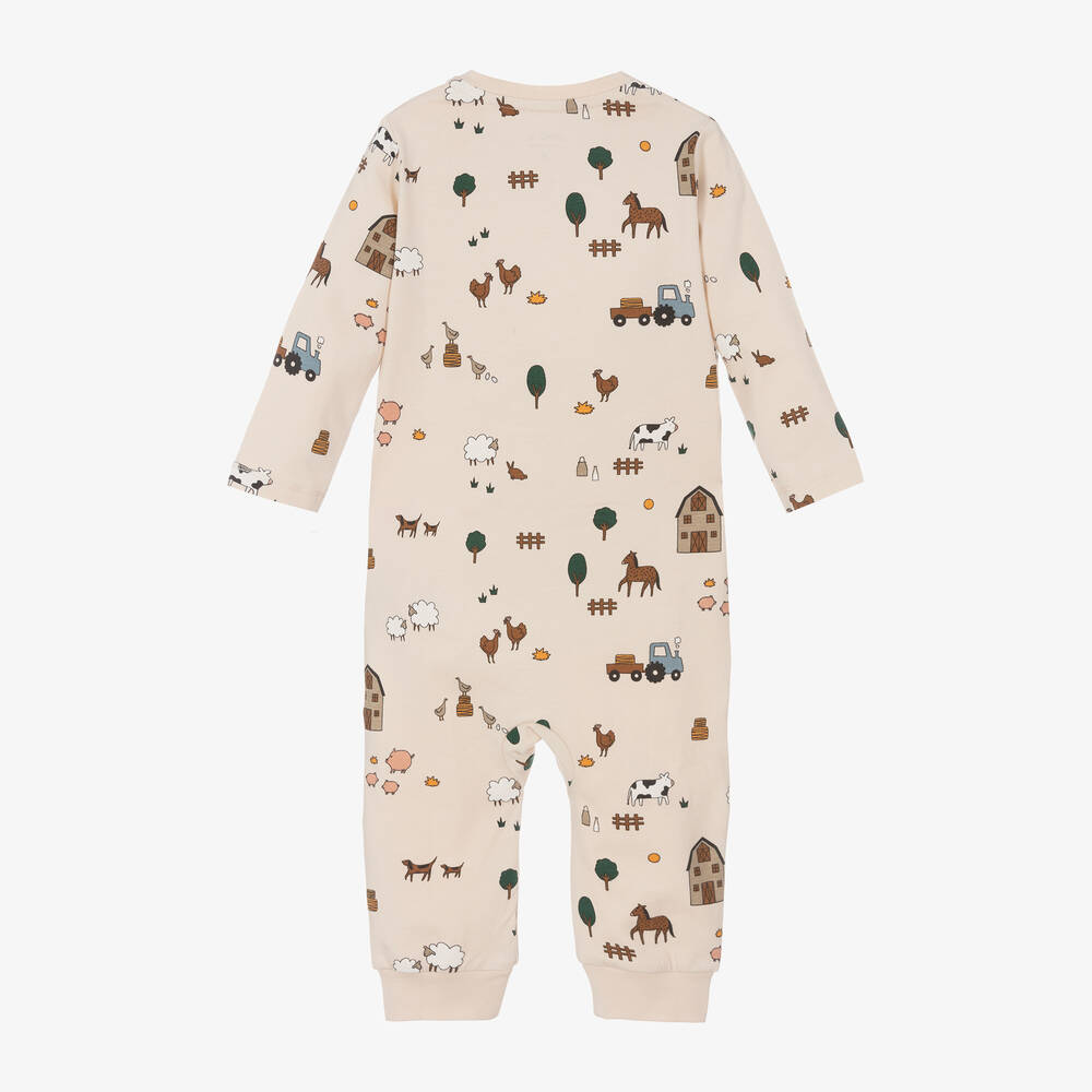 Liewood-Beige Cotton Farm Animal Babygrow | Childrensalon Outlet