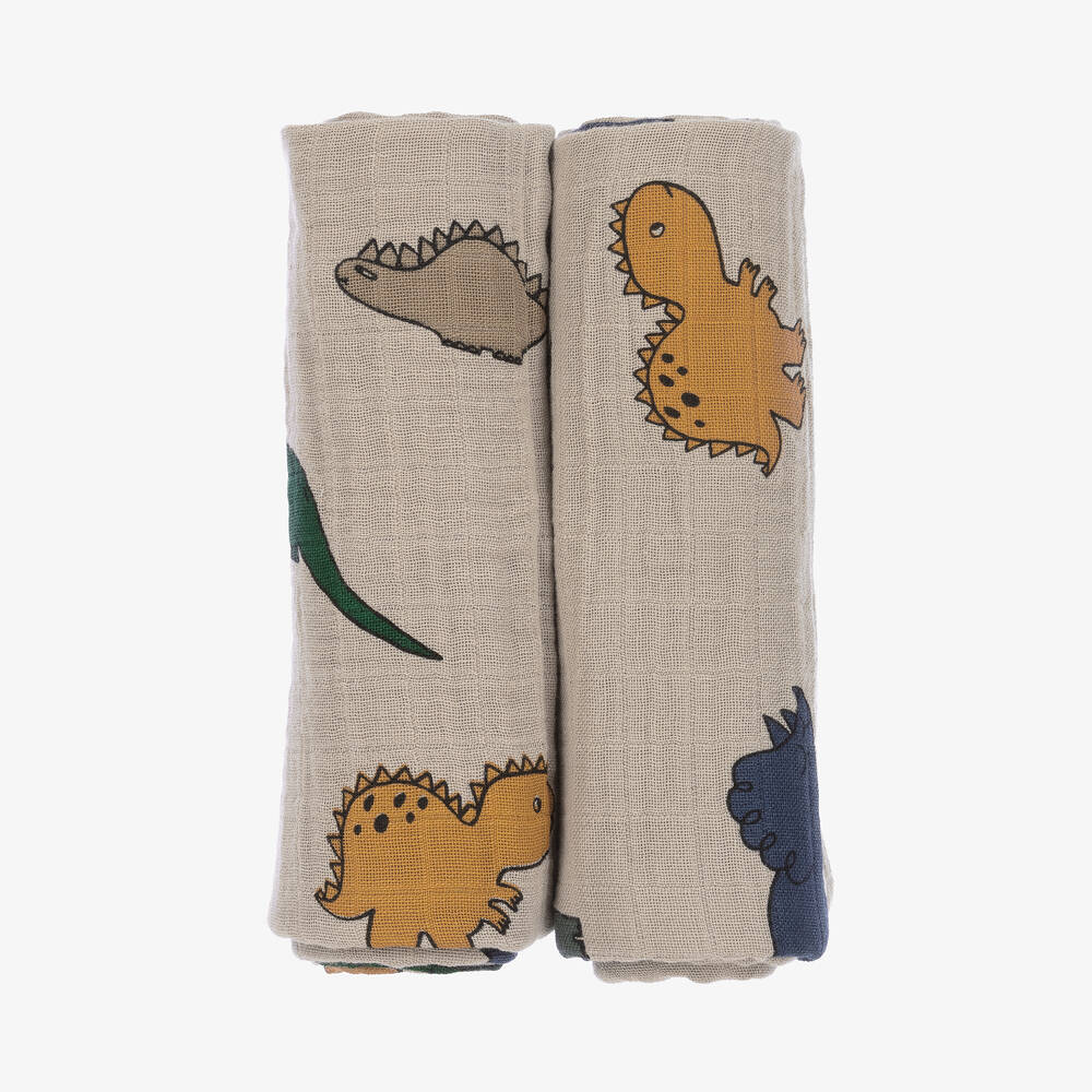 Liewood-Beige Organic Cotton Dinosaur Muslins (2 Pack) | Childrensalon Outlet