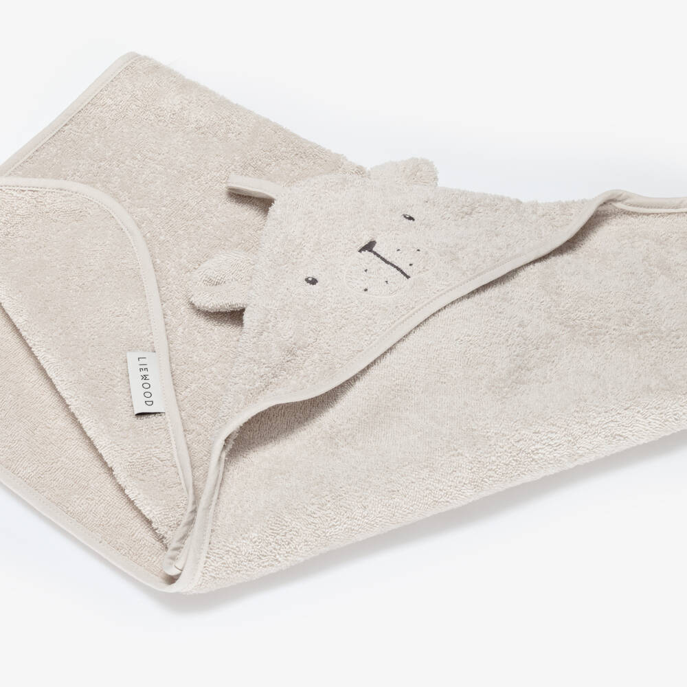 Liewood-Beige Organic Cotton Polar Bear Hooded Towel (70cm) | Childrensalon Outlet