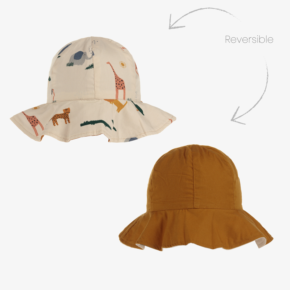 Liewood - قبعة بوجهين قطن عضوي لون بيج فاتح وأصفر موتارد للبنات | Childrensalon