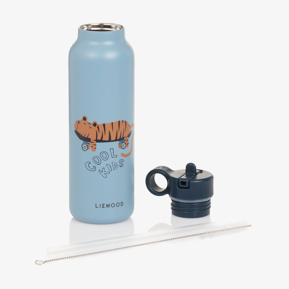 Liewood-Boys Blue Stainless Steel Water Bottle with Tiger Motif | Childrensalon Outlet