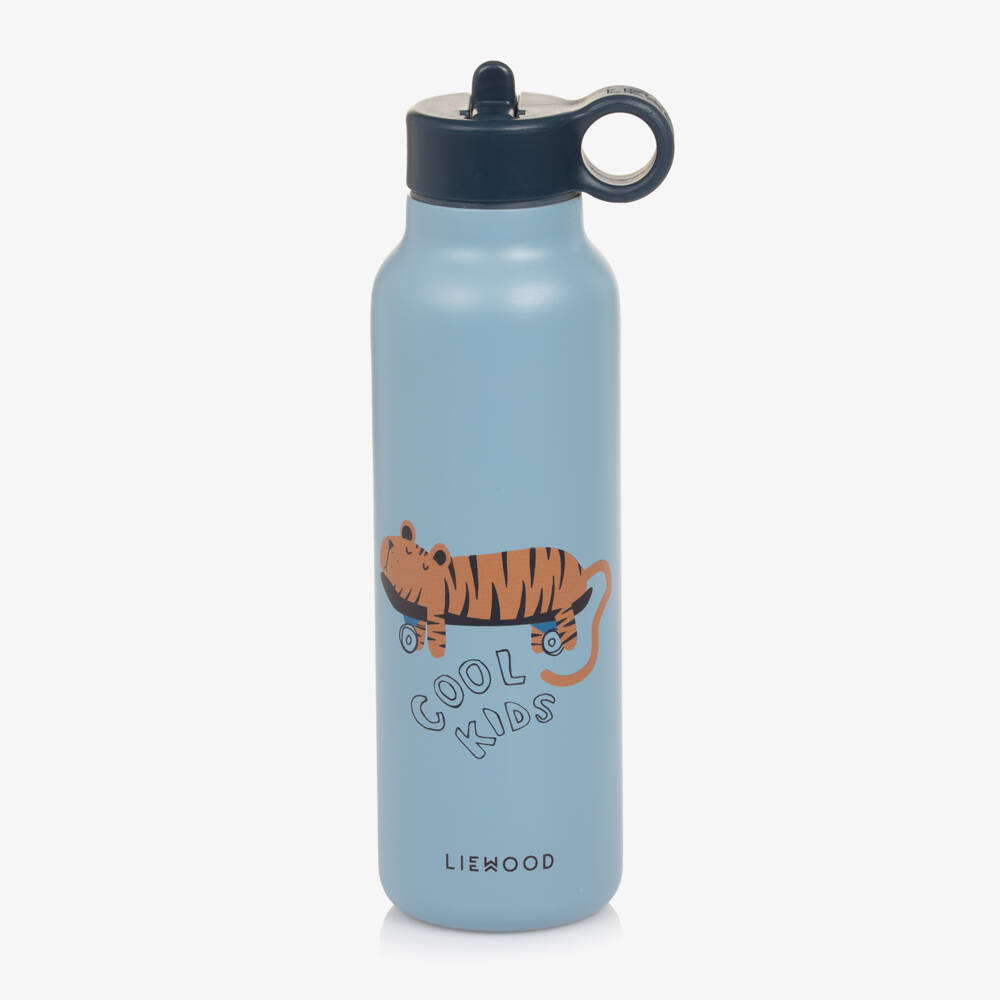 Liewood-Boys Blue Stainless Steel Water Bottle with Tiger Motif | Childrensalon Outlet
