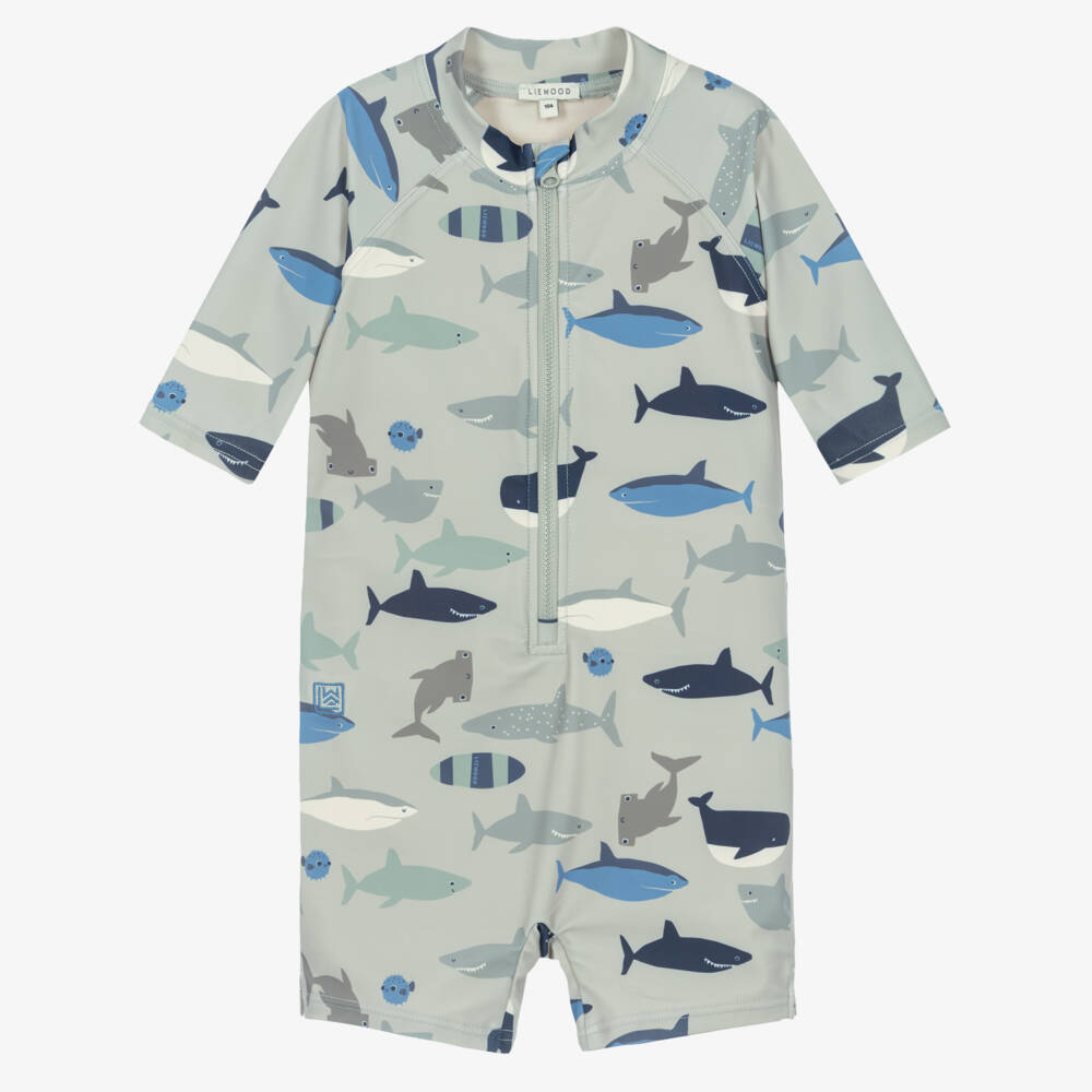 Liewood-Boys Pale Green Sharks Sun Suit | Childrensalon Outlet