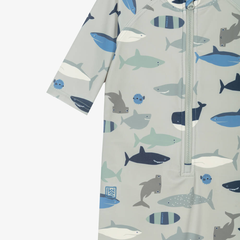 Liewood-Boys Pale Green Sharks Sun Suit | Childrensalon Outlet