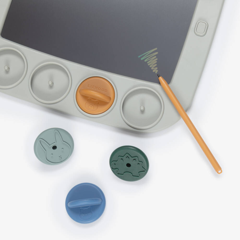 Liewood-Dove Blue LCD Magic Drawing Board with Animal Stamps (29cm) | Childrensalon Outlet