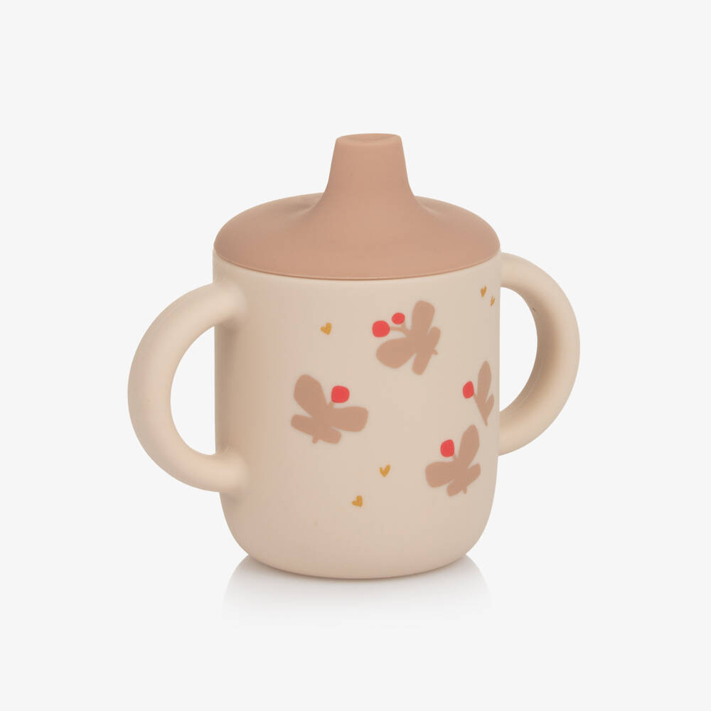 Liewood-Girls Beige & Pink Silicone Sippy Cup with Butterflies | Childrensalon Outlet