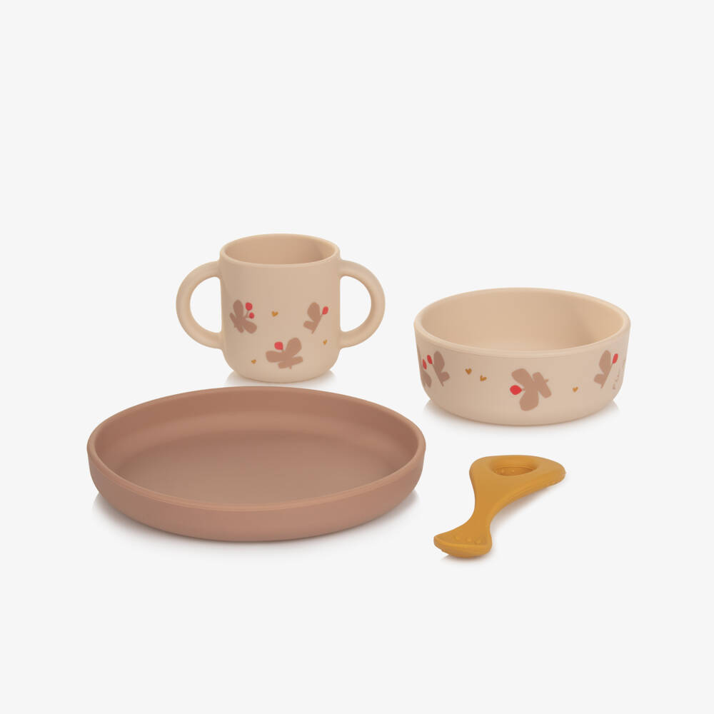 Liewood-Girls Beige & Pink Silicone Tableware Set with Butterfly Motifs (4 Pieces) | Childrensalon Outlet
