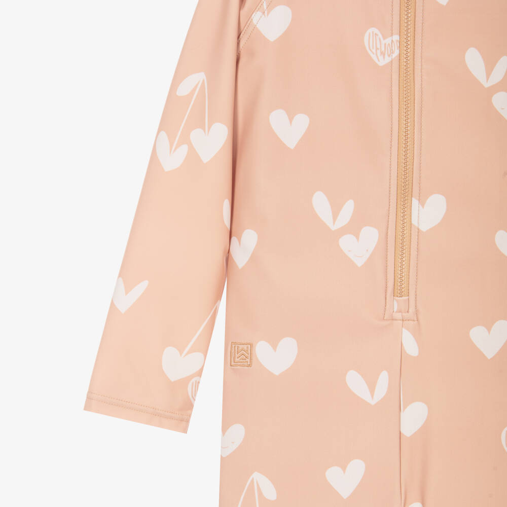 Liewood-Girls Dusky Pink Heart Print Sun Suit (UPF40+) | Childrensalon Outlet