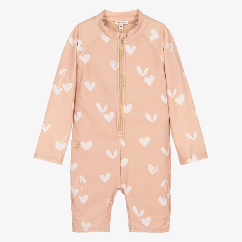 Liewood-Girls Dusky Pink Heart Print Sun Suit (UPF40+) | Childrensalon Outlet