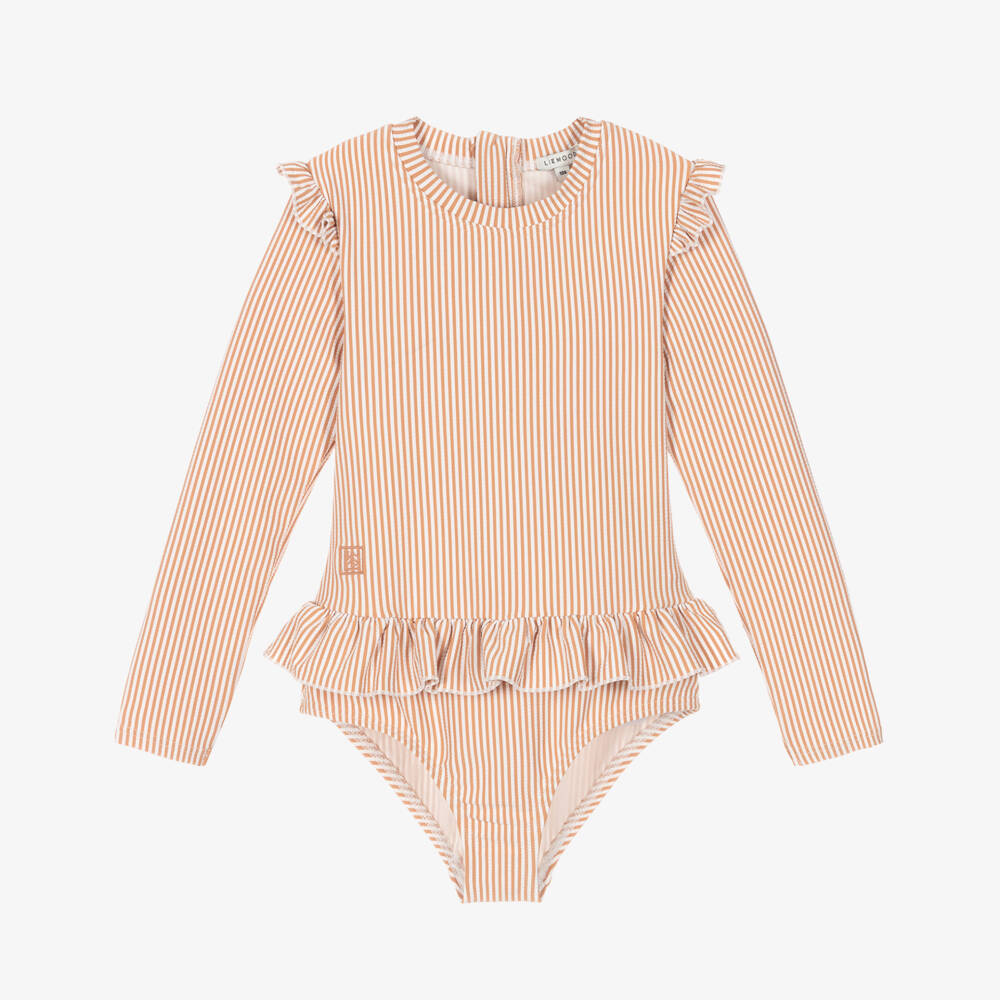 Liewood-Girls Dusky Pink Stripe Long Sleeve Swimsuit | Childrensalon Outlet