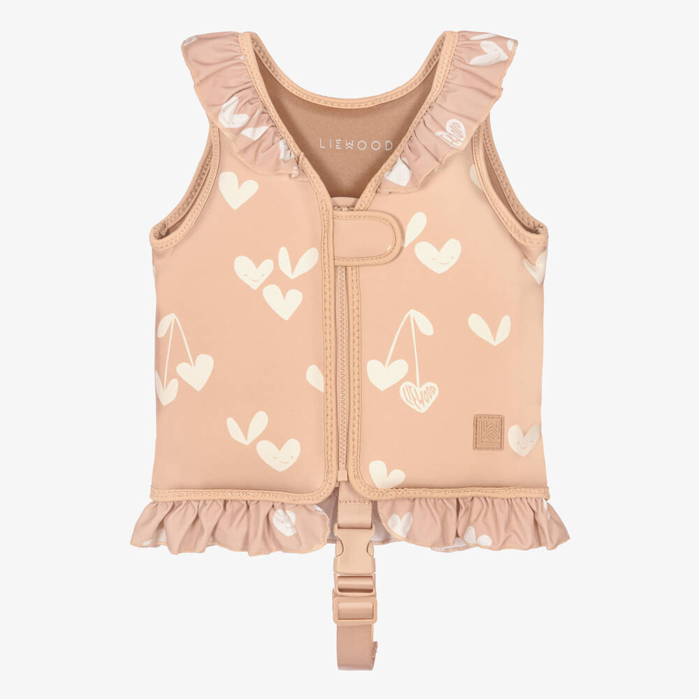 Liewood-Girls Pink Heart Print Float Vest With Frilly Trims | Childrensalon Outlet