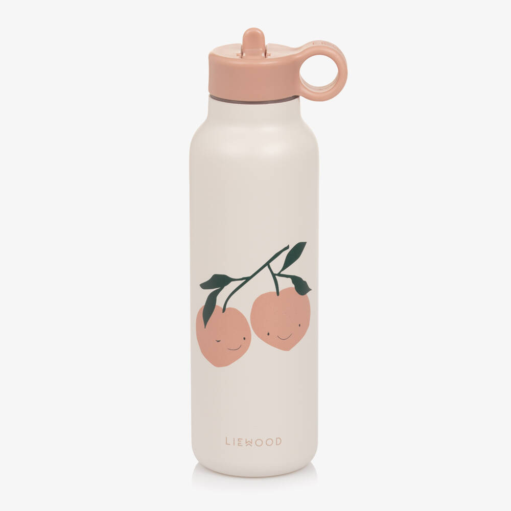Liewood-Girls Pink Stainless Steel Water Bottle with Peach Motif (22cm) | Childrensalon Outlet