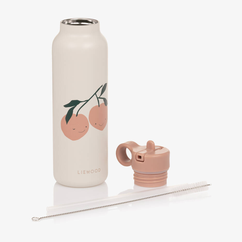 Liewood-Girls Pink Stainless Steel Water Bottle with Peach Motif (22cm) | Childrensalon Outlet