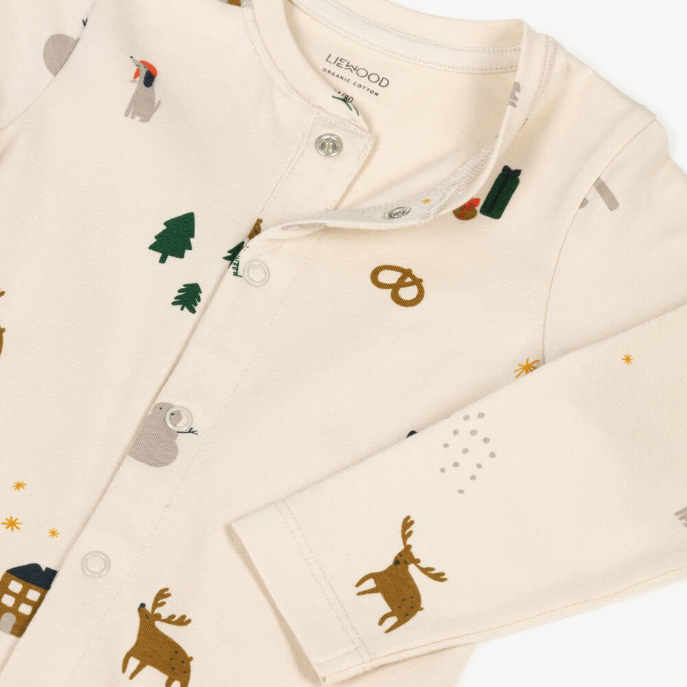 Liewood-Ivory Organic Cotton Babygrow with Christmas Motifs | Childrensalon Outlet