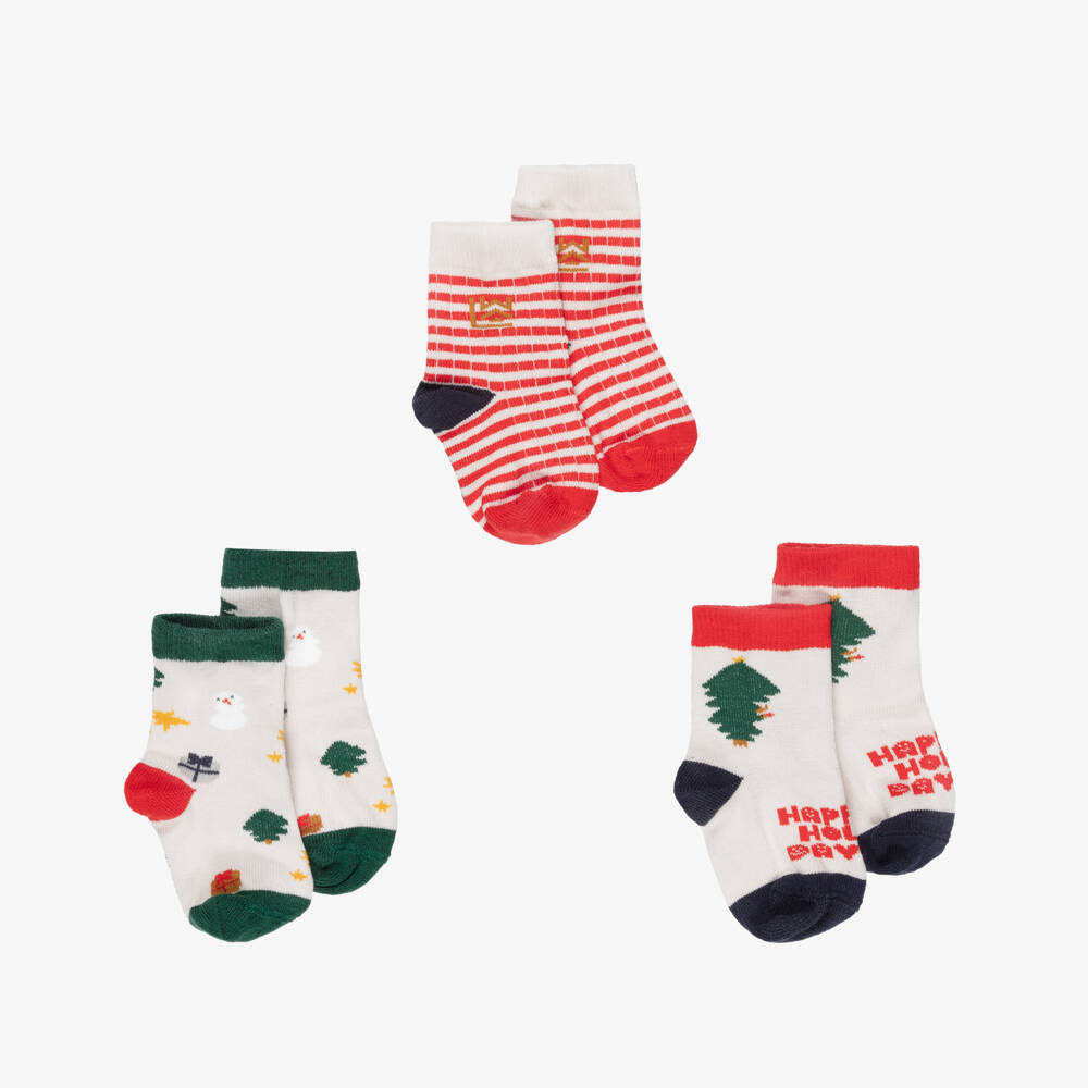 Liewood-Ivory & Red Festive Motif Knitted Ankle Socks (3 Pack) | Childrensalon Outlet