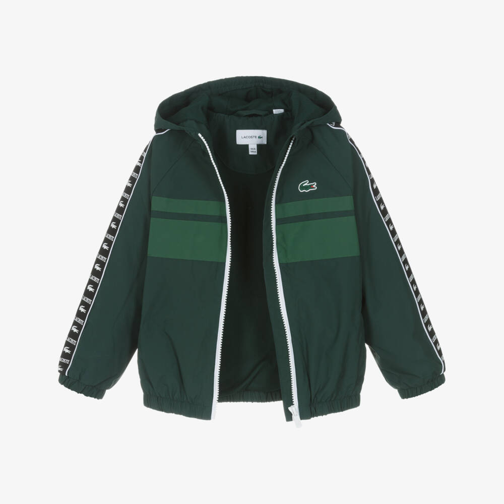 Lacoste-Lightweight Green Hooded Jacket with Logo Taping | Childrensalon Outlet