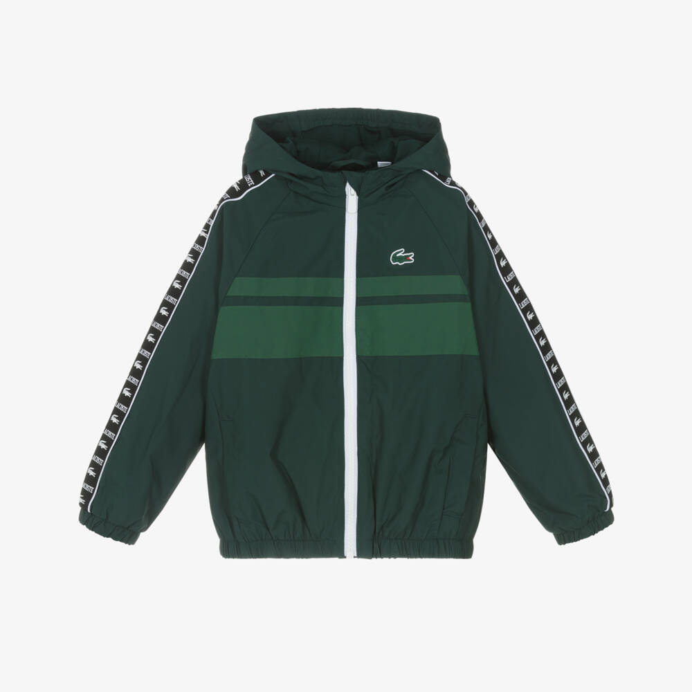 Lacoste-Lightweight Green Hooded Jacket with Logo Taping | Childrensalon Outlet