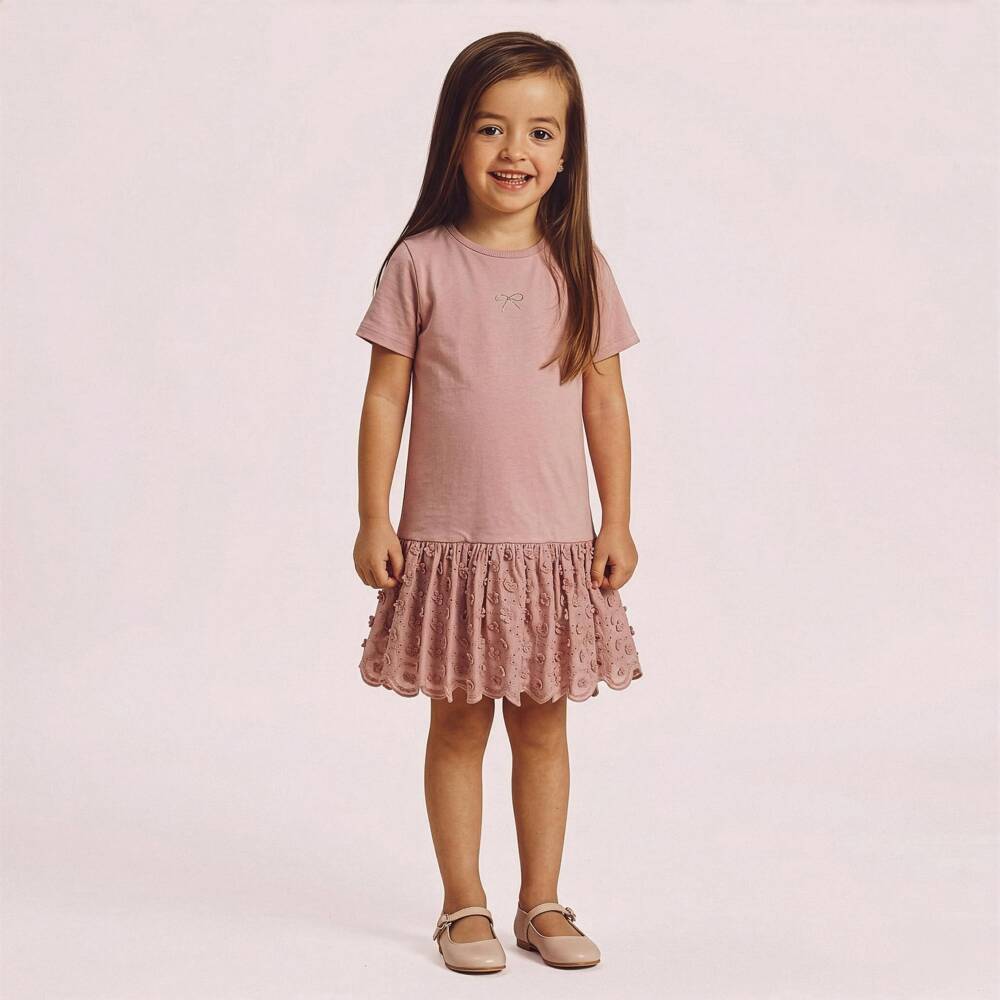 Lili Gaufrette-Baby Girls Pink Jersey Dress with Floral Appliqués | Childrensalon Outlet