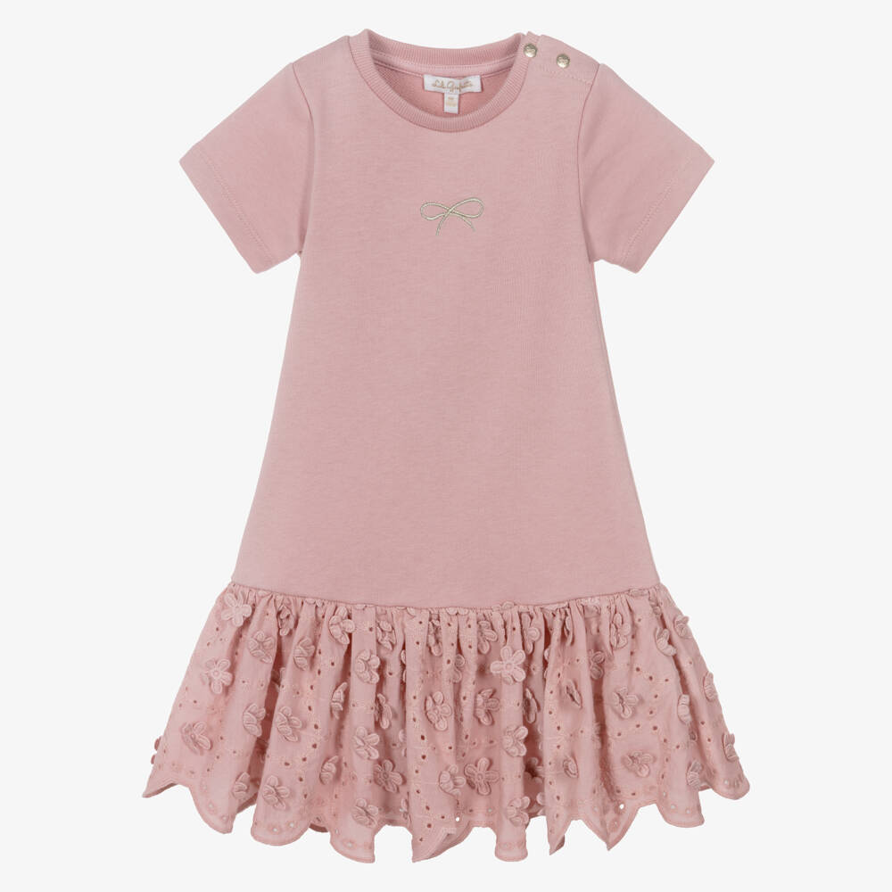 Lili Gaufrette-Baby Girls Pink Jersey Dress with Floral Appliqués | Childrensalon Outlet