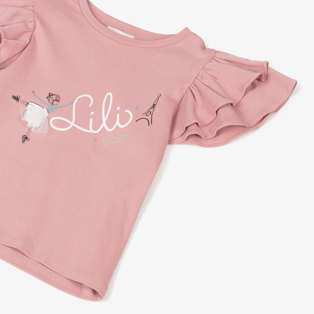 Lili Gaufrette-Girls Ballet Pink Cotton Frill Tee | Childrensalon Outlet