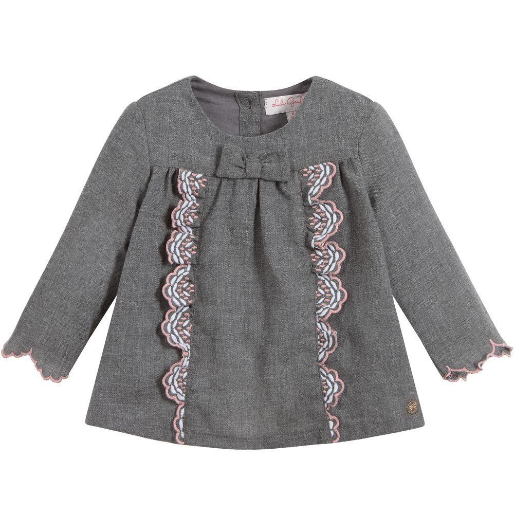 Lili Gaufrette - Girls Grey Cotton Blouse | Childrensalon