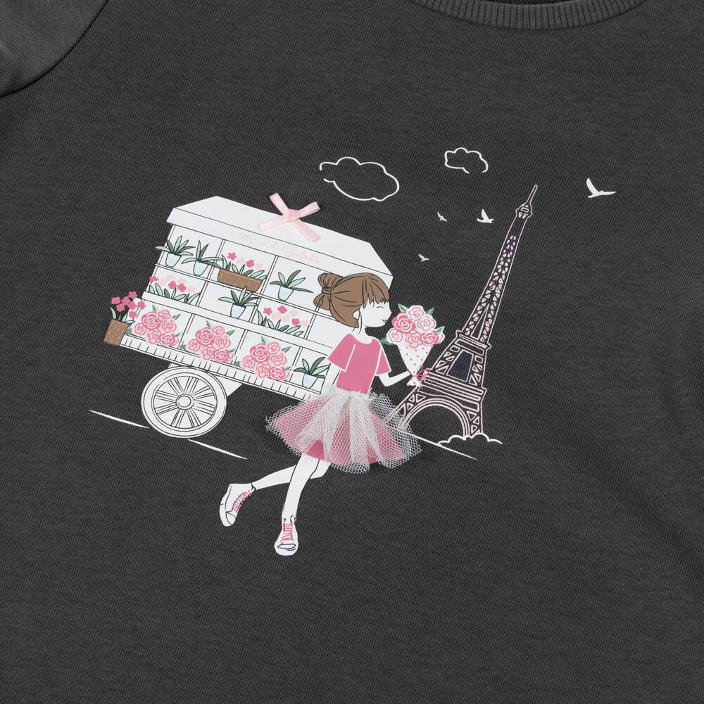 Lili Gaufrette-Girls Grey Jersey T-Shirt Dress with Paris Motif | Childrensalon Outlet