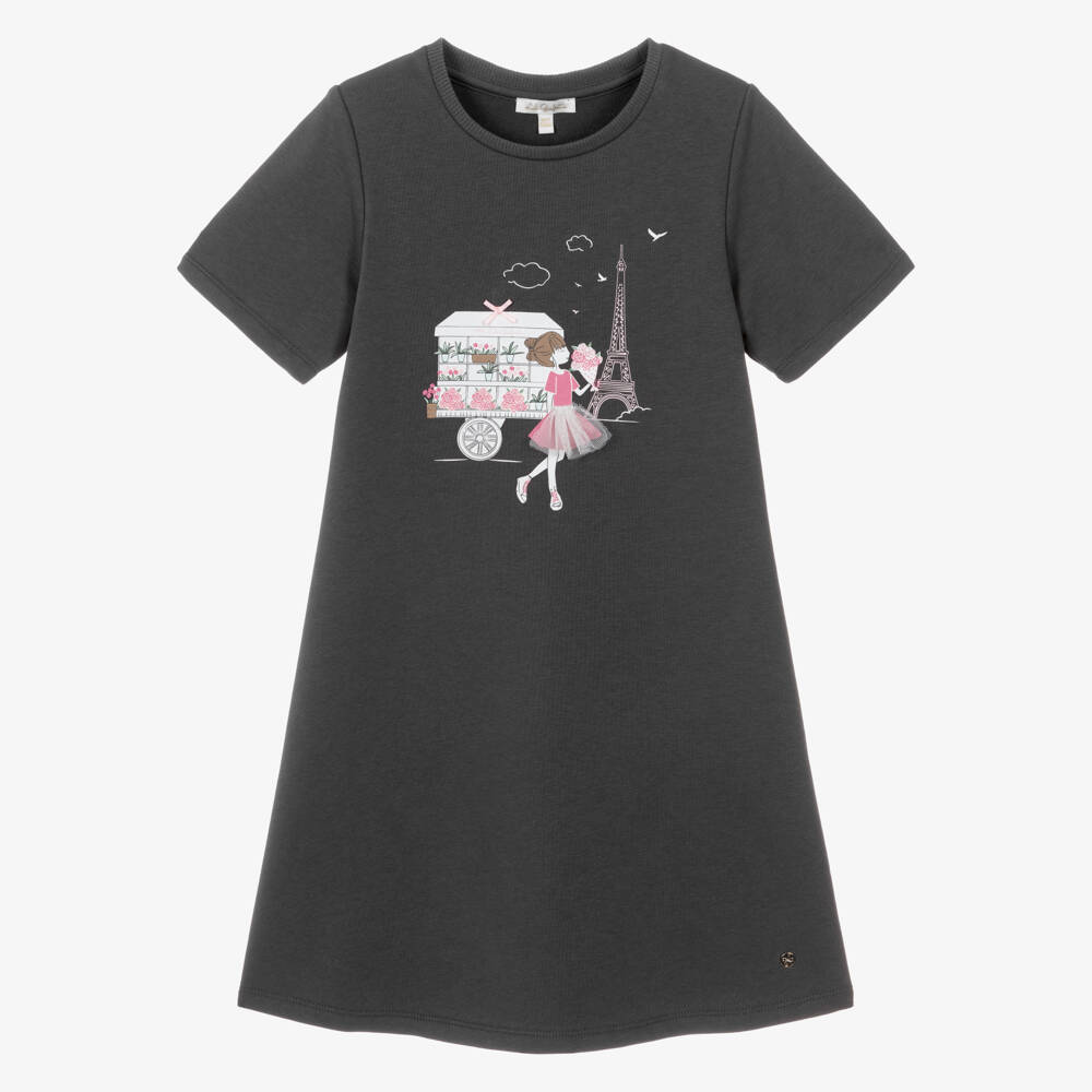 Lili Gaufrette-Girls Grey Jersey T-Shirt Dress with Paris Motif | Childrensalon Outlet
