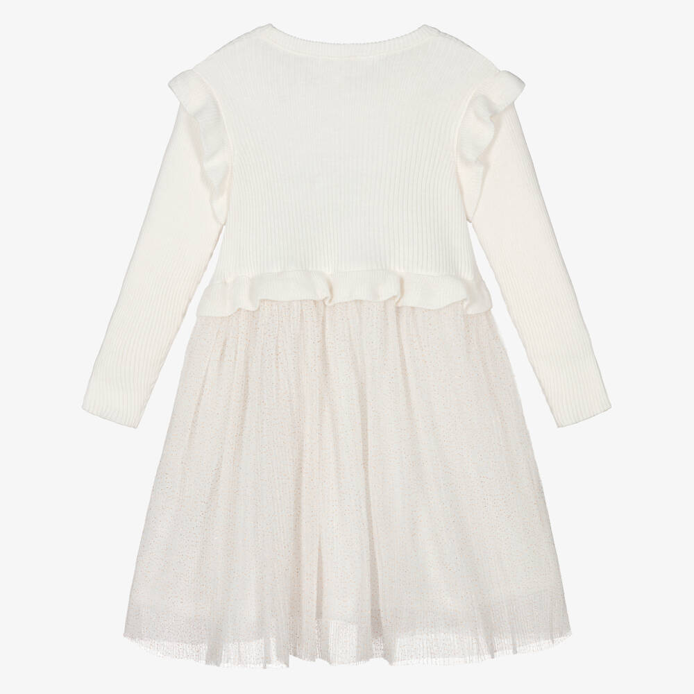 Lili Gaufrette-Girls Ivory Cotton Rib Knit & Pleated Tulle Dress | Childrensalon Outlet